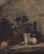 Jean Baptiste Simeon Chardin Silver wine bottle grapes peaches plums and pears oil on canvas